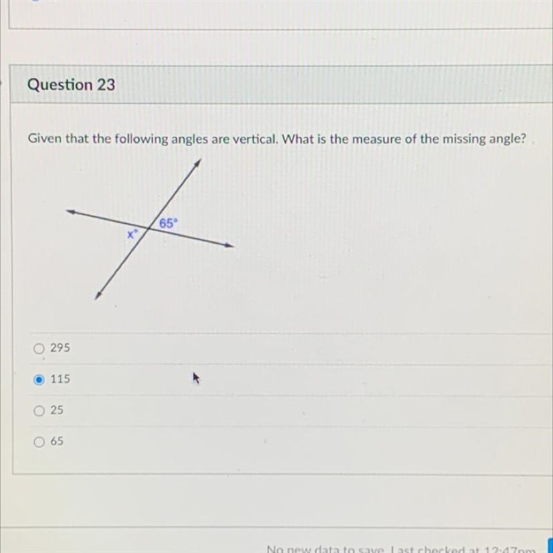 Given that the following angles are vertical. What is the measure of the missing angle-example-1