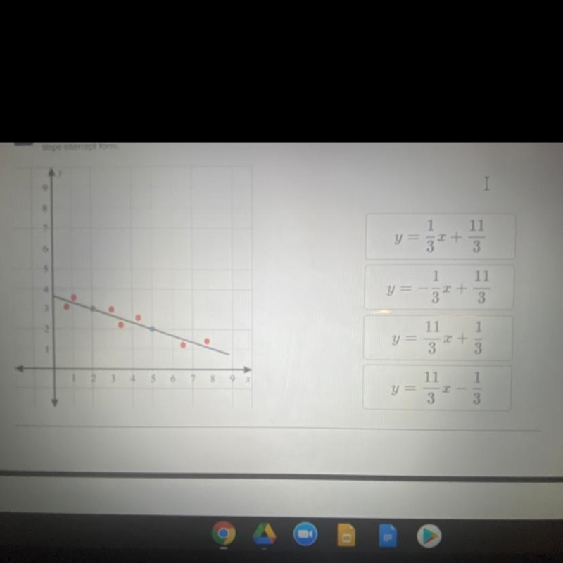 Consider the scatter plot given below, use the two blue points to find the equation-example-1