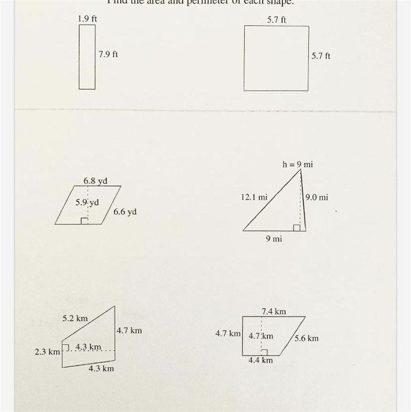 Finding area and perimeter for each shape-example-1