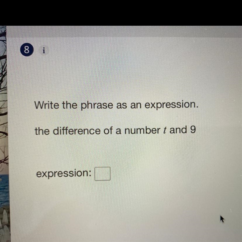 Write the phrase as an expression. the difference of a number t and 9-example-1