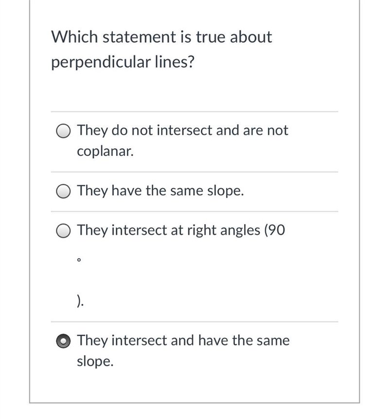 Which statement is true about perpendicular lines? Help please!!-example-1