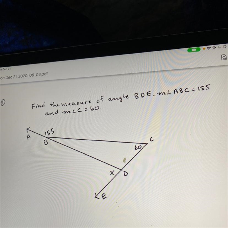 Find the measure of angle BDE. ML ABC=155 and muc=60. 155 C B bo x E-example-1