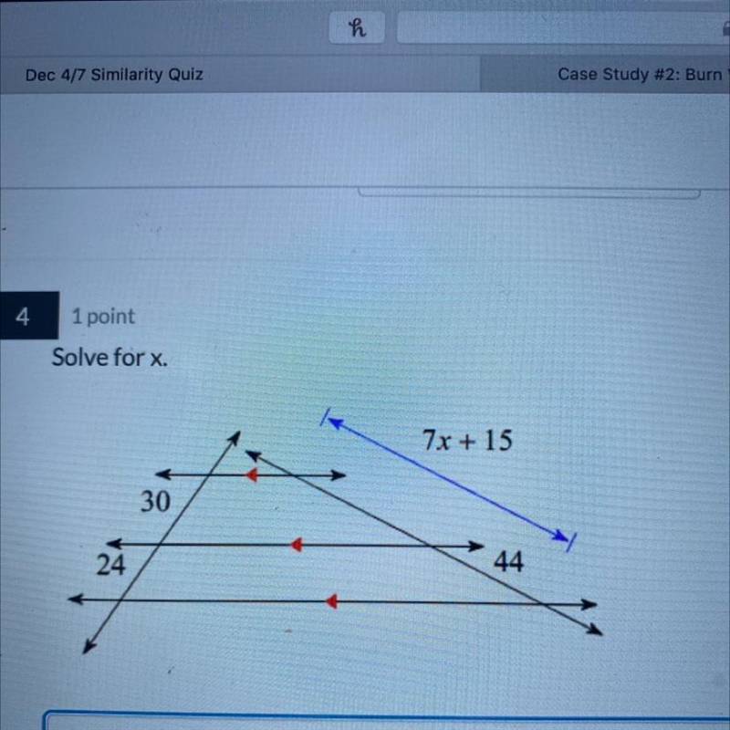 Solve for x. 7x + 15 30 24 44 Help ASAP-example-1