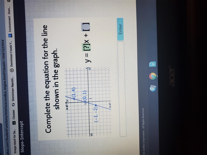 Type in equation for the line shown in the graph (1, 4) (0, 1) (-1,-2) Do you have-example-1