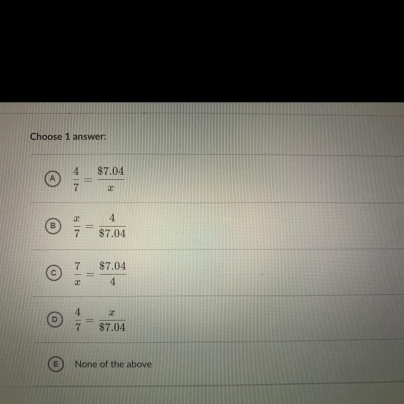 PLEASE HELP NOW ! 4 markers cost $7.04. Which equation would help determine the cost-example-1