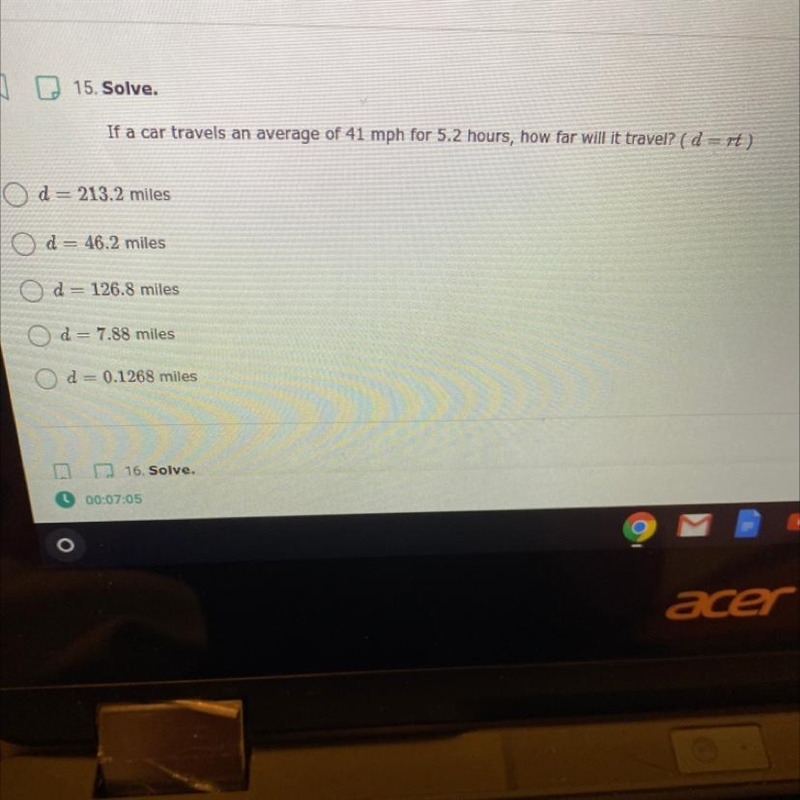 If a car travels an average of 41 mph for 5.2 hours, how far will it travel? ( d=rt-example-1