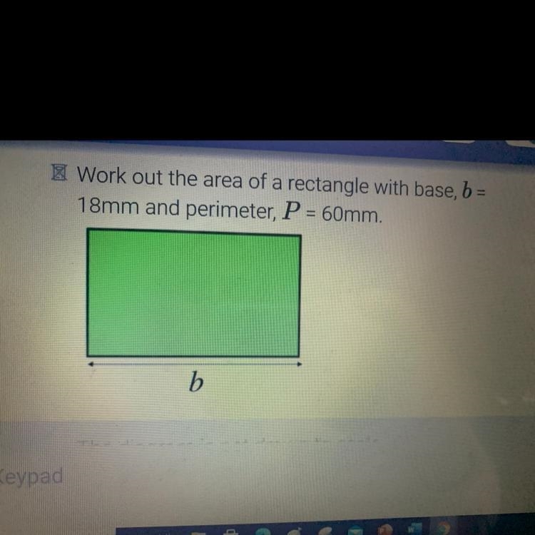 Work out the area of a rectangle with base, b = 18mm and perimeter, P = 60mm. b b-example-1