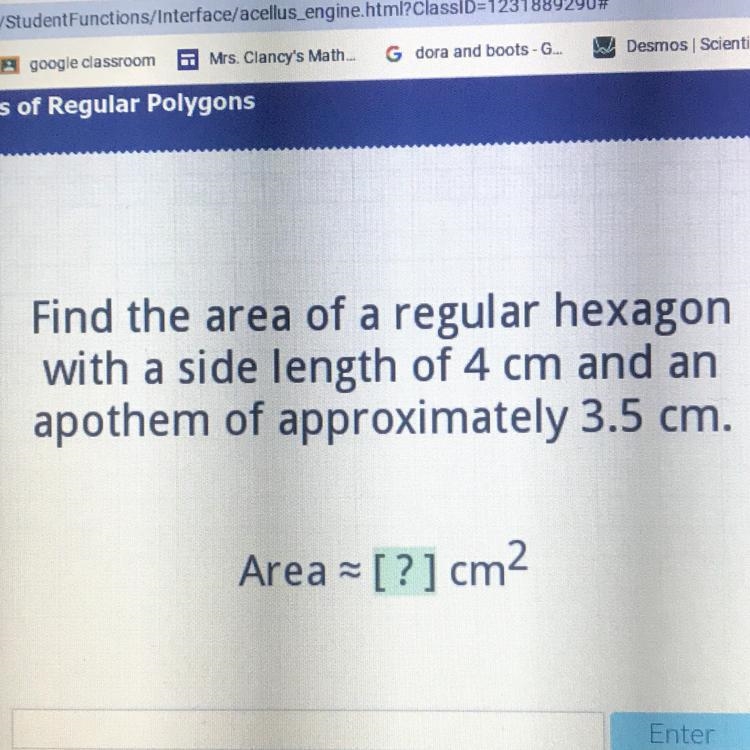 Find the area of a regular hexagon with a side length of 4 cm and an apothem of approximately-example-1