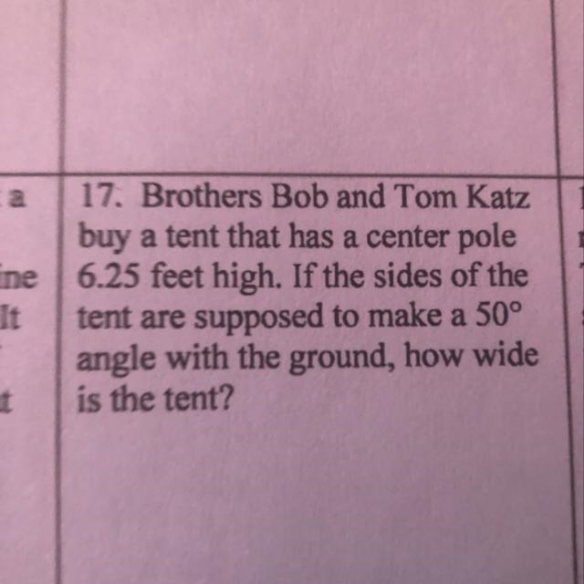 Brothers Bob and Tom Katz buy a tent that has a center pole 6.25 feet high. If the-example-1