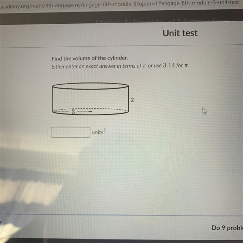 Find the volume of the cylinder. Either enter an exact answer in terms of it or use-example-1