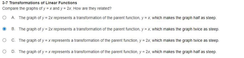 Compare the graphs of y = x and y = 2x. How are they related?-example-1