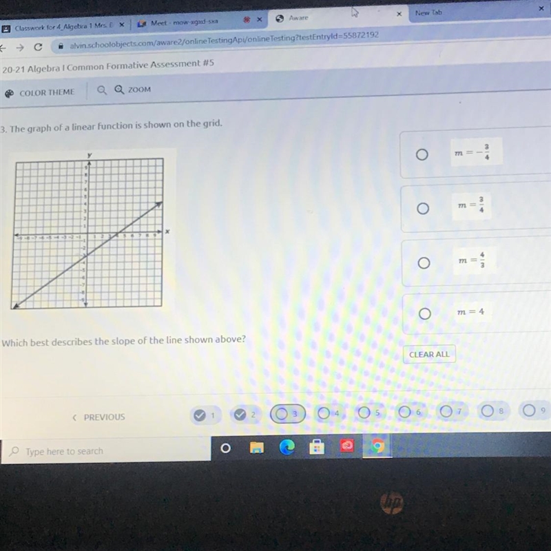 3. The graph of a linear function is shown on the grid Which best describes the slope-example-1