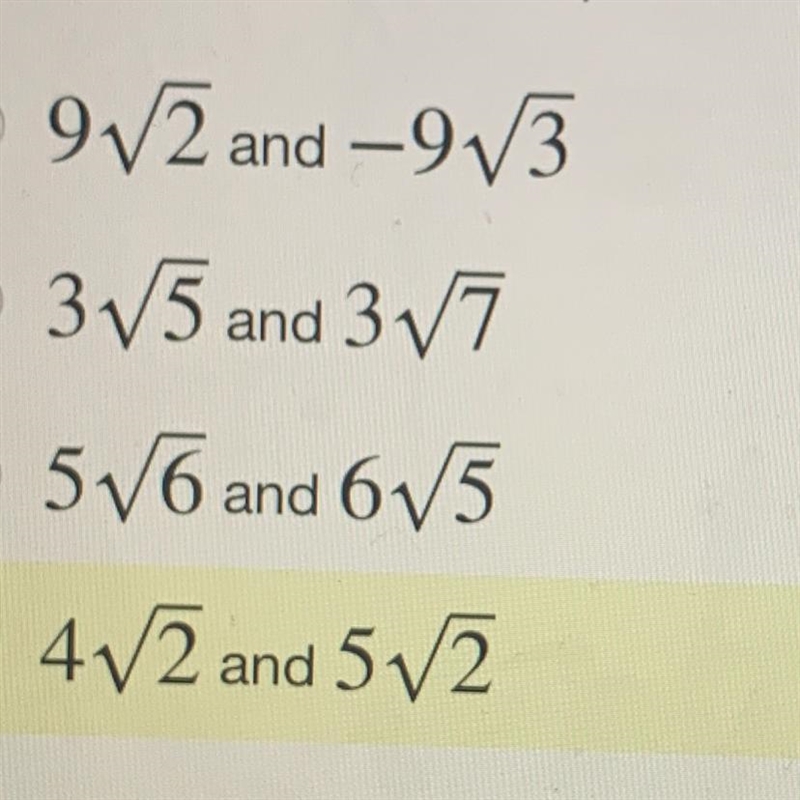 Which pair of radicals is a pair of like radicals-example-1