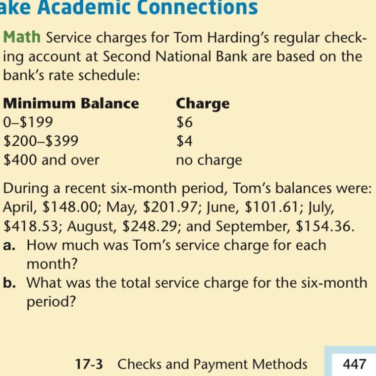 A) How much was Tom’s service charge for each month? B) what was the total service-example-1