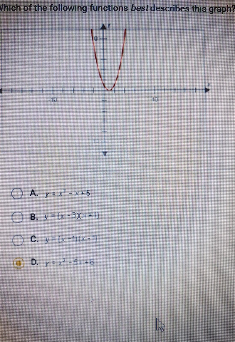 Which of the following functions best describes this graph? A. y= x^2 - x + 5 B. y-example-1