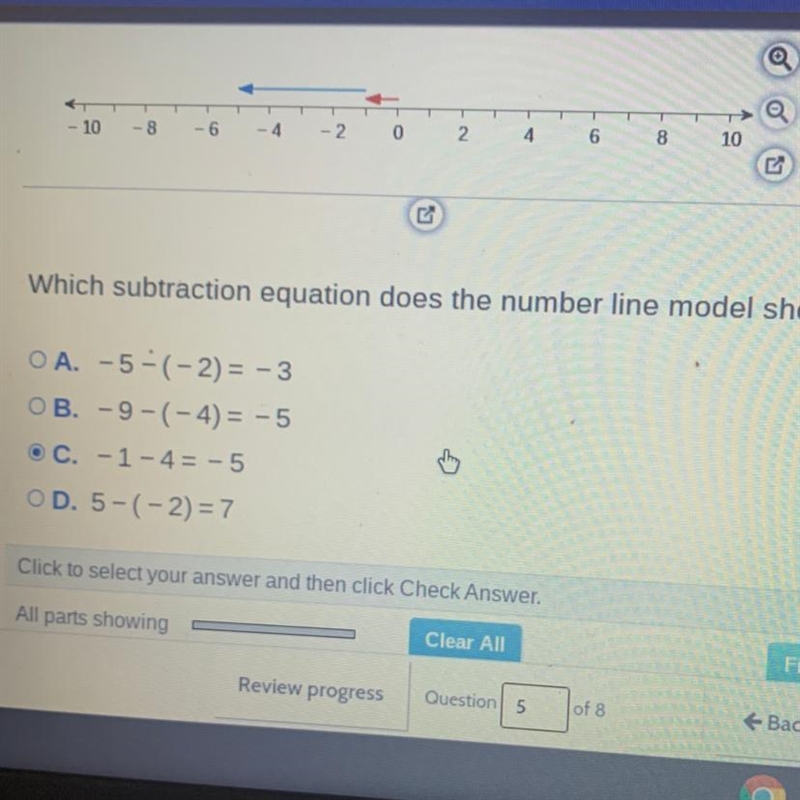 Which subtraction equation does the number line model show?-example-1