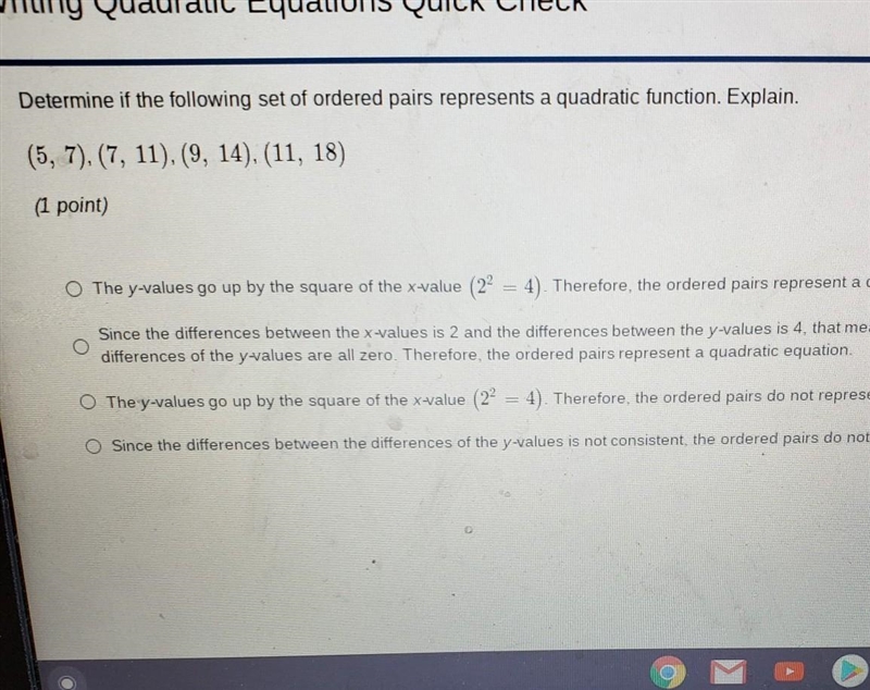 Determine if the following set of ordered pairs represents a quadratic function. Explain-example-1