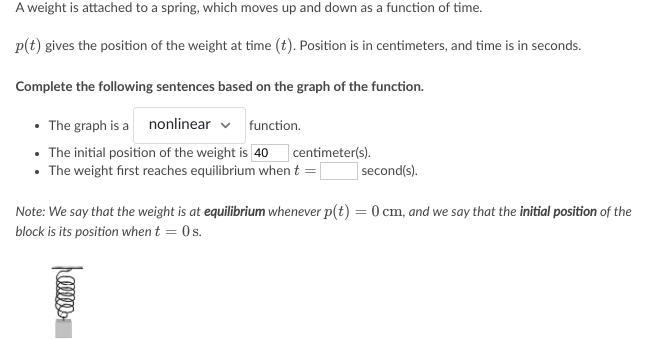 A weight is attached to a spring, which moves up and down as a function of time. p-example-2