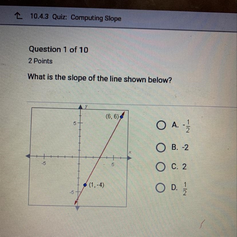 What is the slope of the line shown below? (6,6) and (1,-4)-example-1