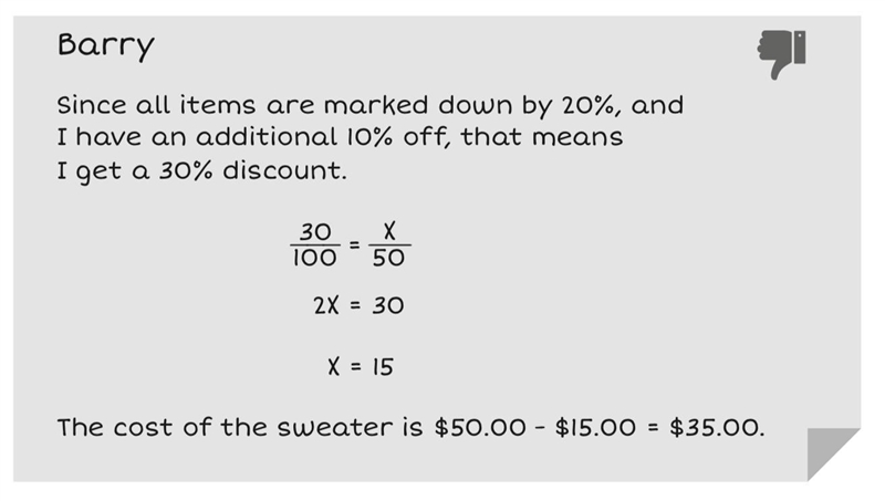 Barry is shopping for a new sweater that originally cost $50.00. The department store-example-1