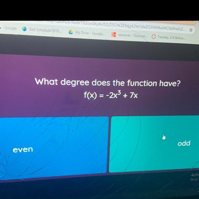 What degree does the function have? F(x)=-2x^3+7x Even or Odd-example-1