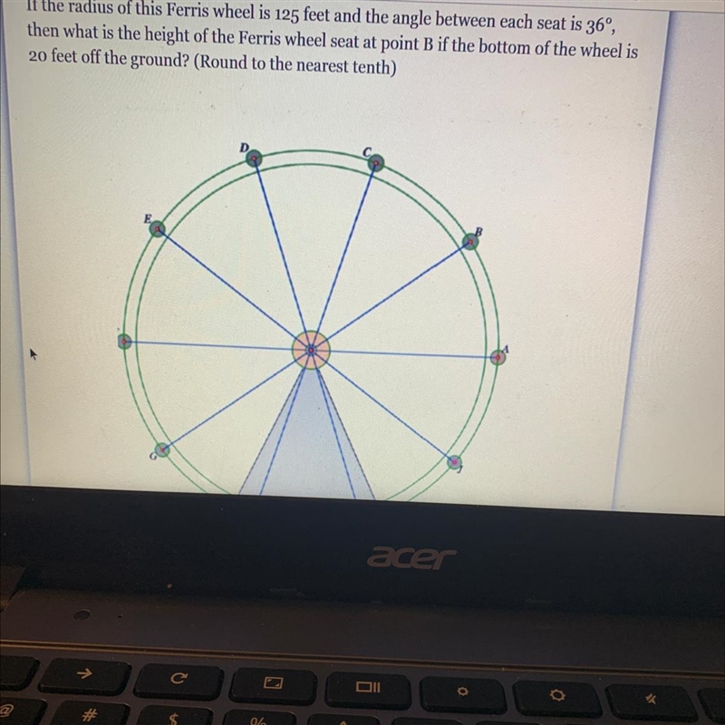 Ce no M Gma If the radius of this Ferris wheel is 125 feet and the angle between each-example-1