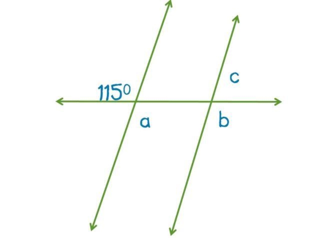 Find the measurements of angles a, b and c. PLZ HELP-example-1