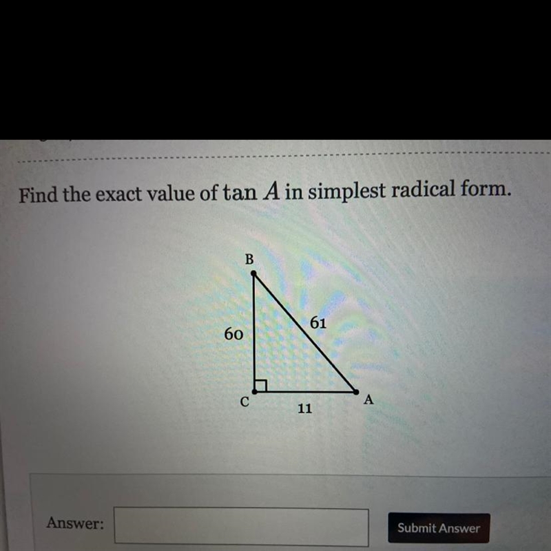 Find the exact value of tan A in simplest radical form.-example-1