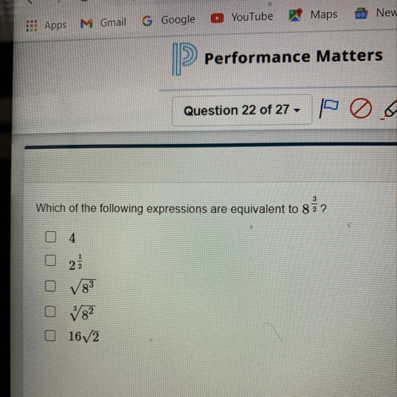 Which of the following expressions are equivalent to 8 3/2?-example-1