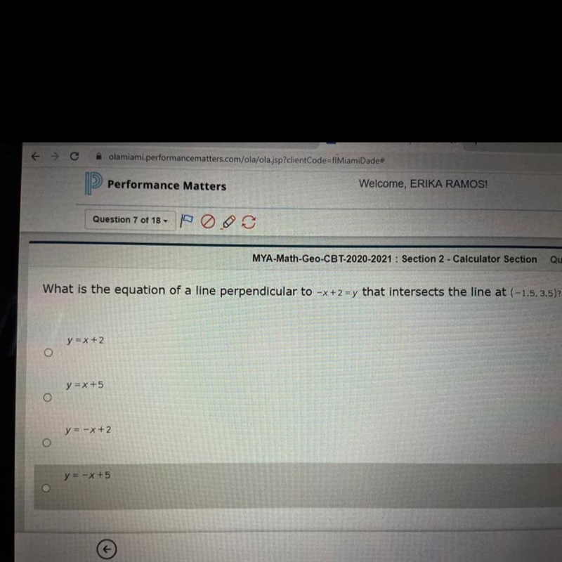 What is the equation of a line perpendicular to -x +2=y that intersects the line at-example-1