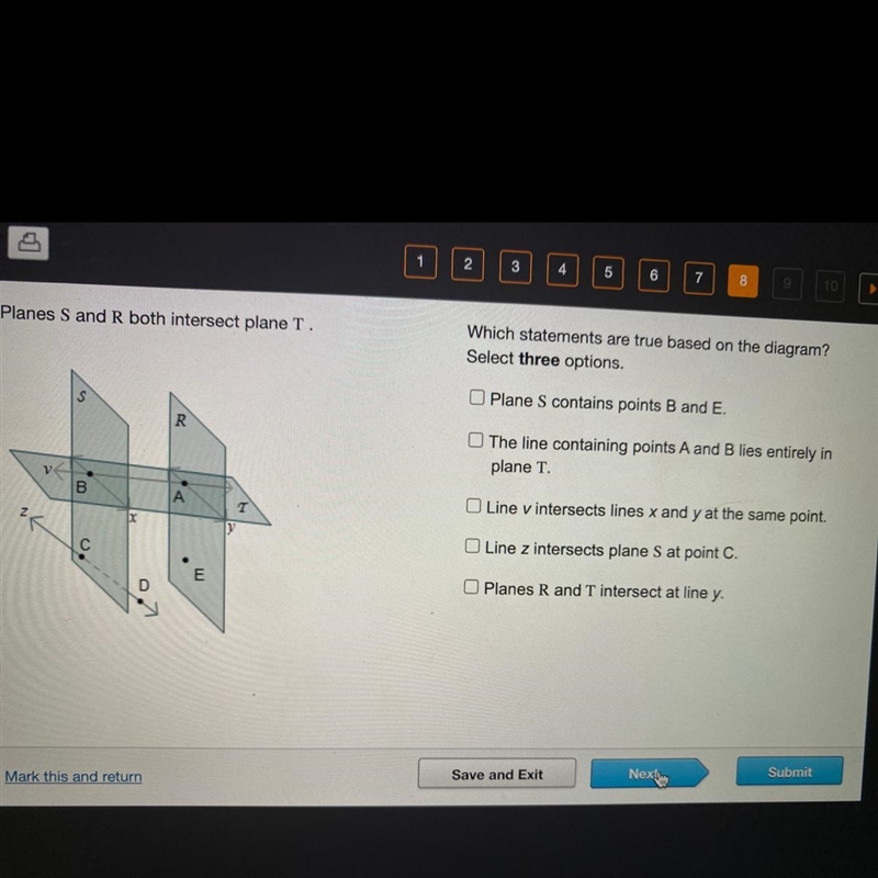 Planes S and R both intersect plane T. Which statements are true based on the diagram-example-1