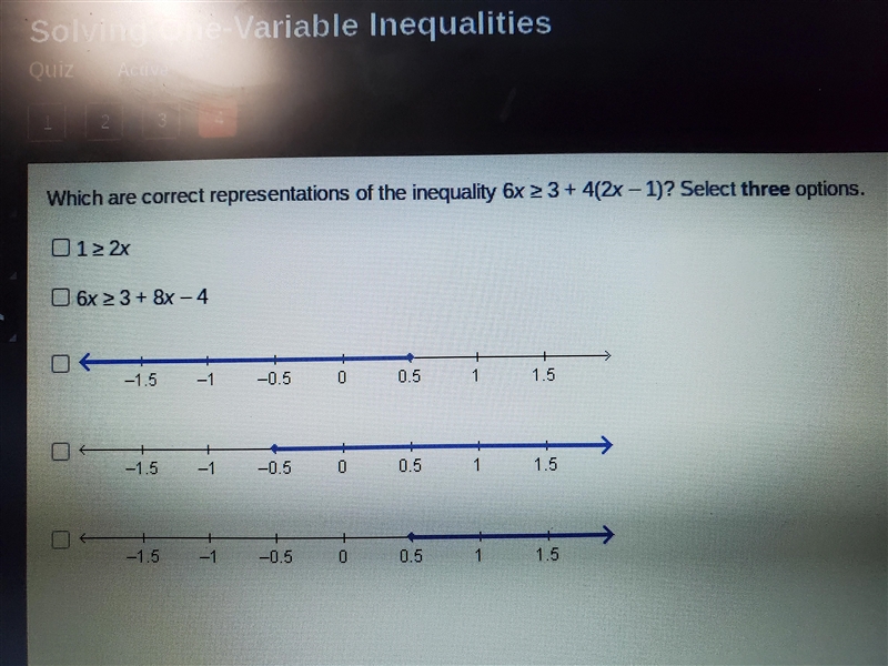 Which are correct representations of the inequality 6x greater than or equal to 3 + 4(2x-example-1