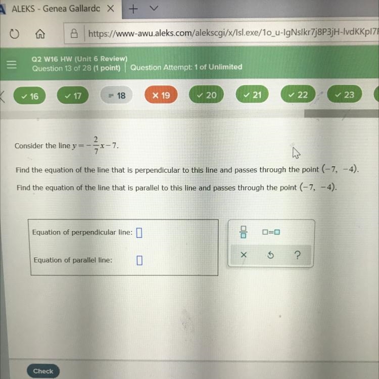 Consider the line y=-2/7x-7 and the point is (-7,-4) what would the perpendicular-example-1