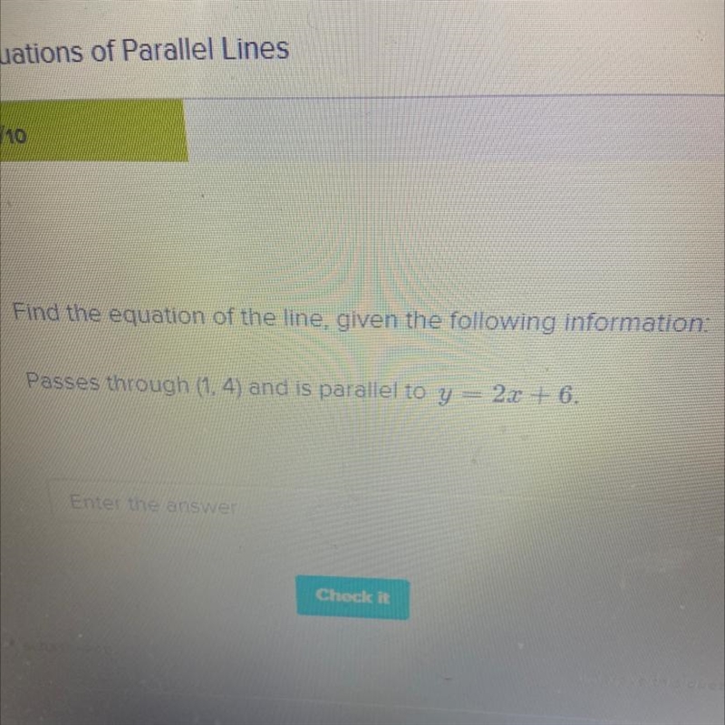 Find the equation of the line, given the following information: passes through (1,4) and-example-1