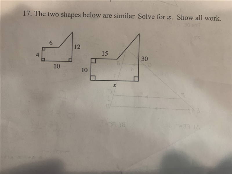 The two shapes are similar. Solve for x. Show all work.-example-1