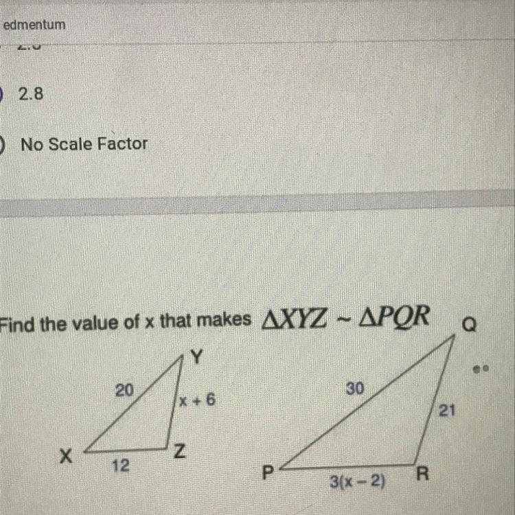 PLZ HELP Find the value of x that makes ΔXYZ~PQR-example-1