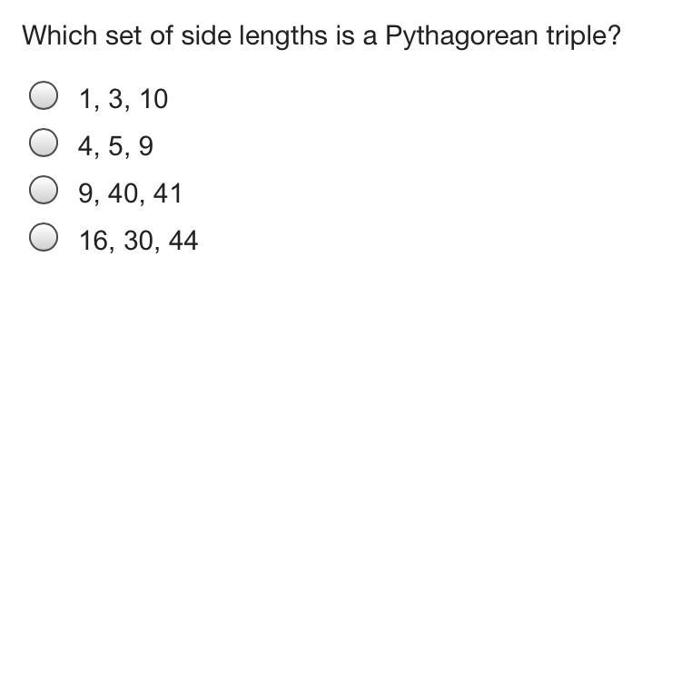 Which set of side lengths is a Pythagorean triple?-example-1