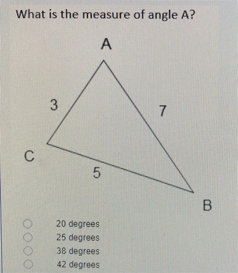 What is the measure of angle A?-example-1