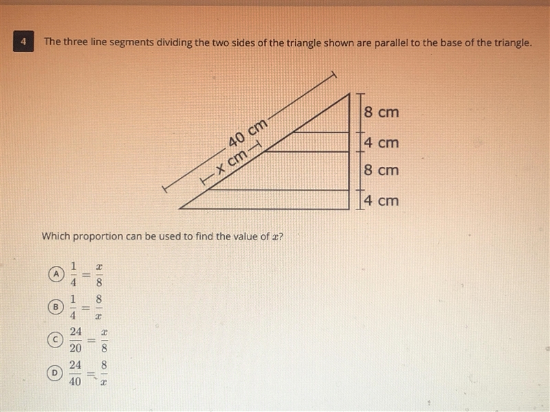 The three line segments dividing the two sides of the triangle shown are parallel-example-1