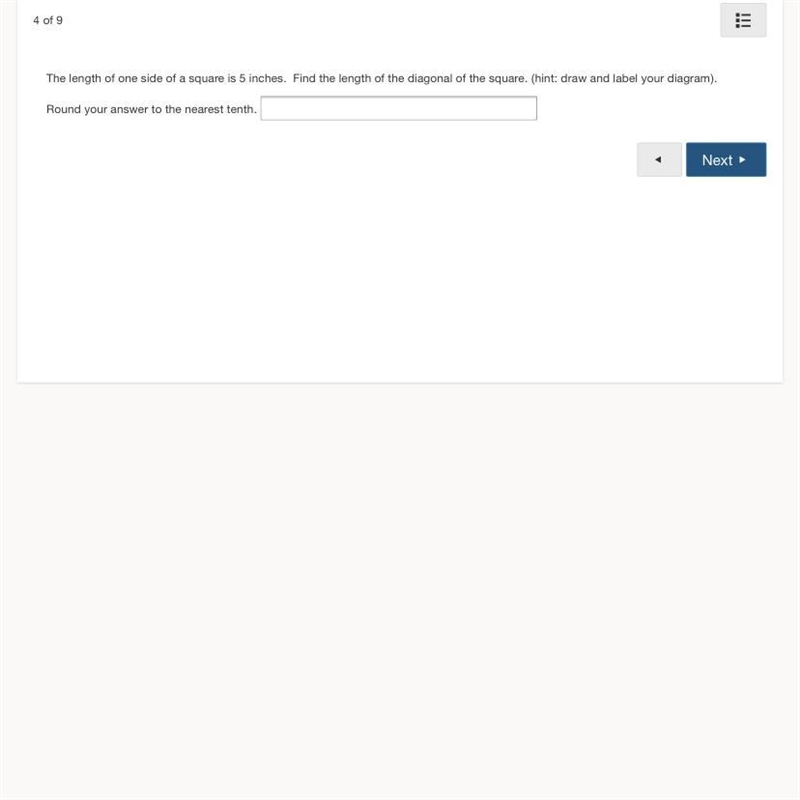 What is the length of the diagonal of the square? Round to the nearest tenth?-example-1