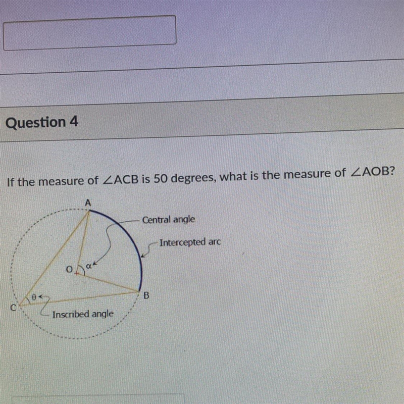 If the measure of angle ACB is 50 degrees, what is the measure of angle AOB-example-1