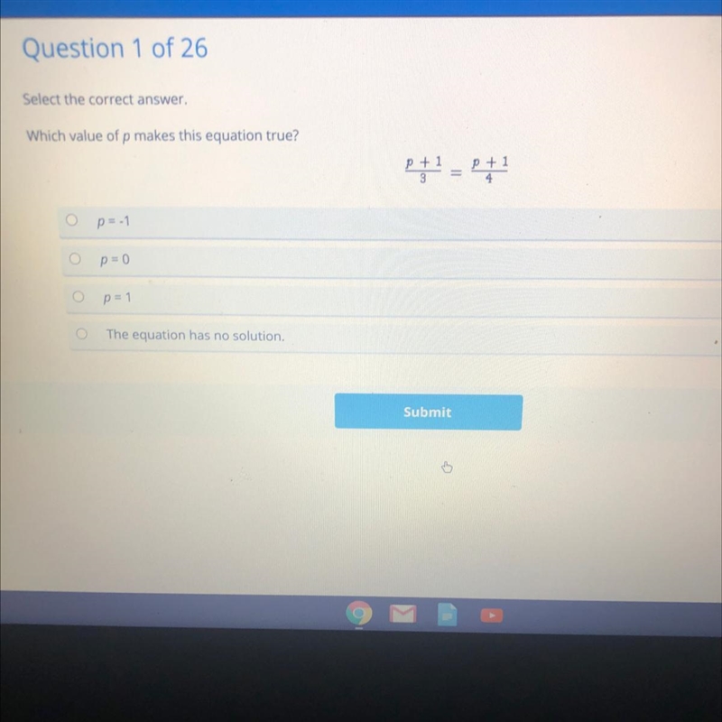 Select the correct answer, Which value of p makes this equation true? 1+1 o p=1 p-example-1