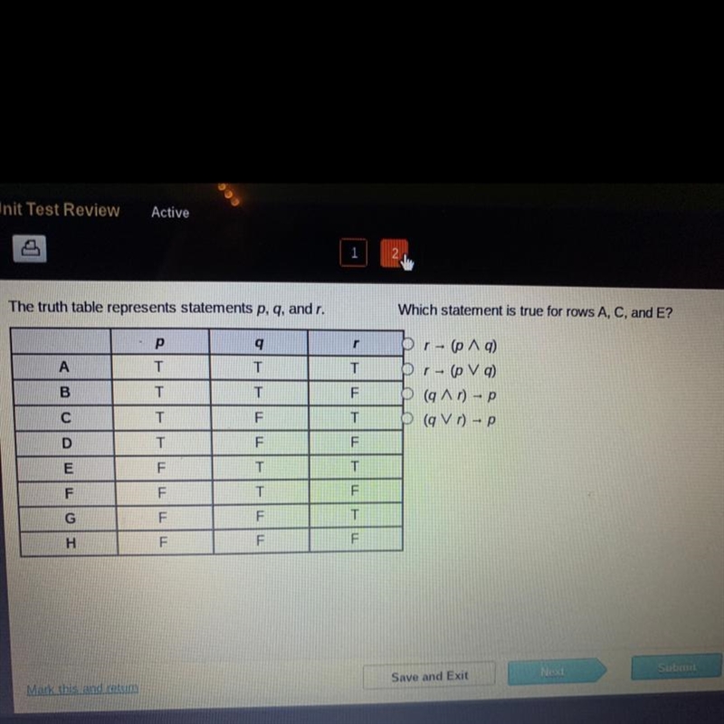 The truth table represents statements p, q, and r. which statement is true for rows-example-1