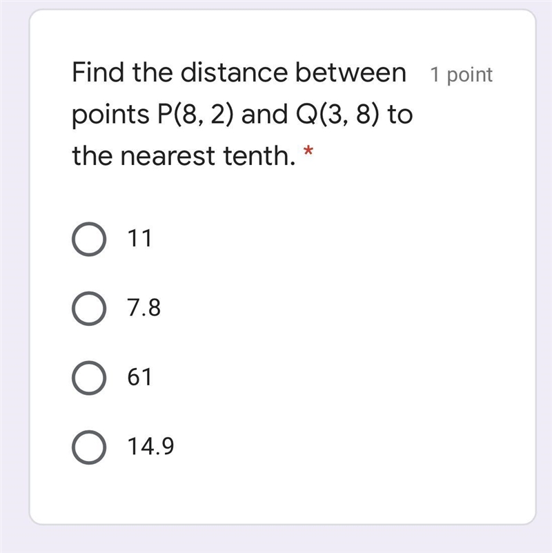 Find the distance between points P(8, 2) and Q(3, 8) to the nearest tenth. * o 11 o-example-1