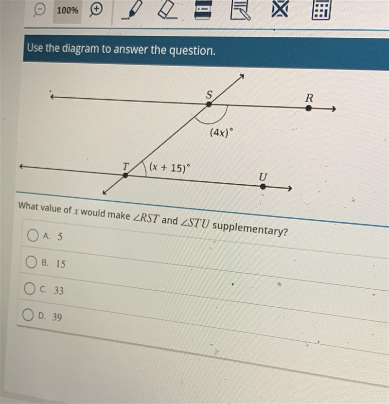 What value of x would make RST and STU supplementary?-example-1