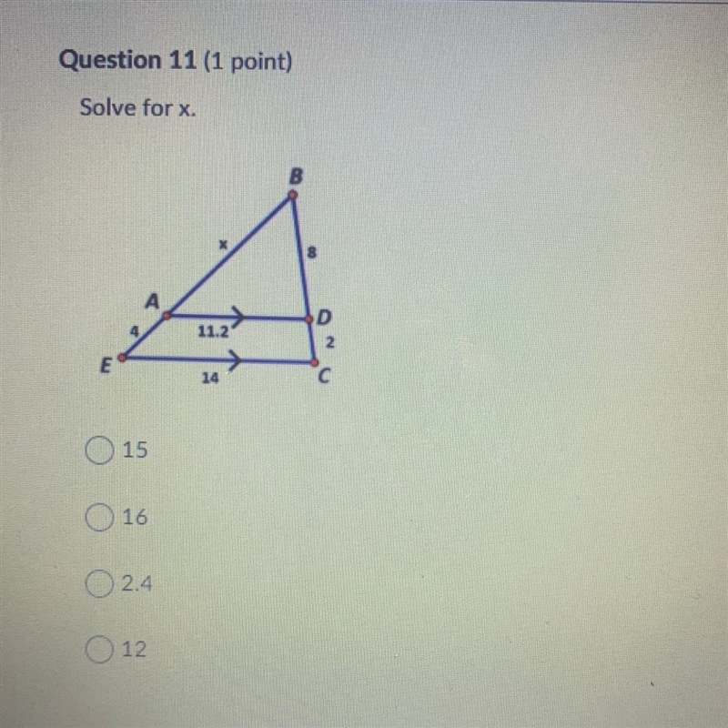 Solve for x A 15 B 16 C 2.4 D 12-example-1