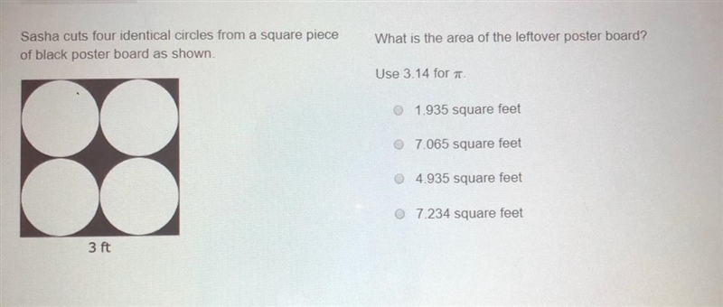 Sasha cuts four identical circles from a square piece of black poster board as shown-example-1