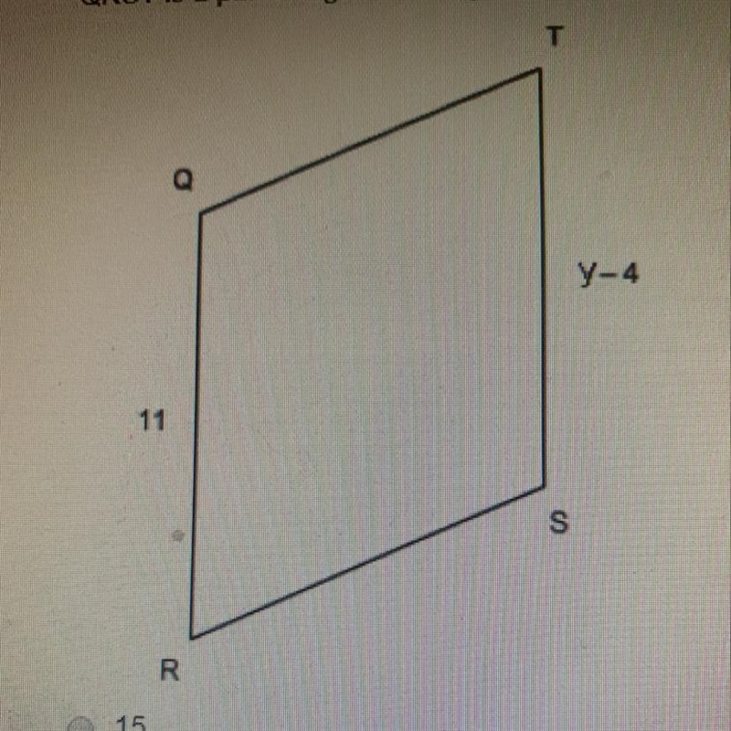 6. QRST is a parallelogram. Find y. A. 15 B. 14 C. 13 D. 12-example-1