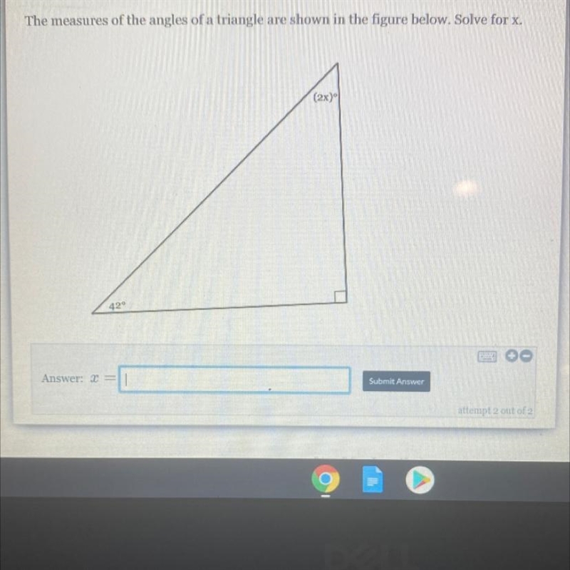 The measures of the angles of a triangle are shown in the figure below. Solve for-example-1