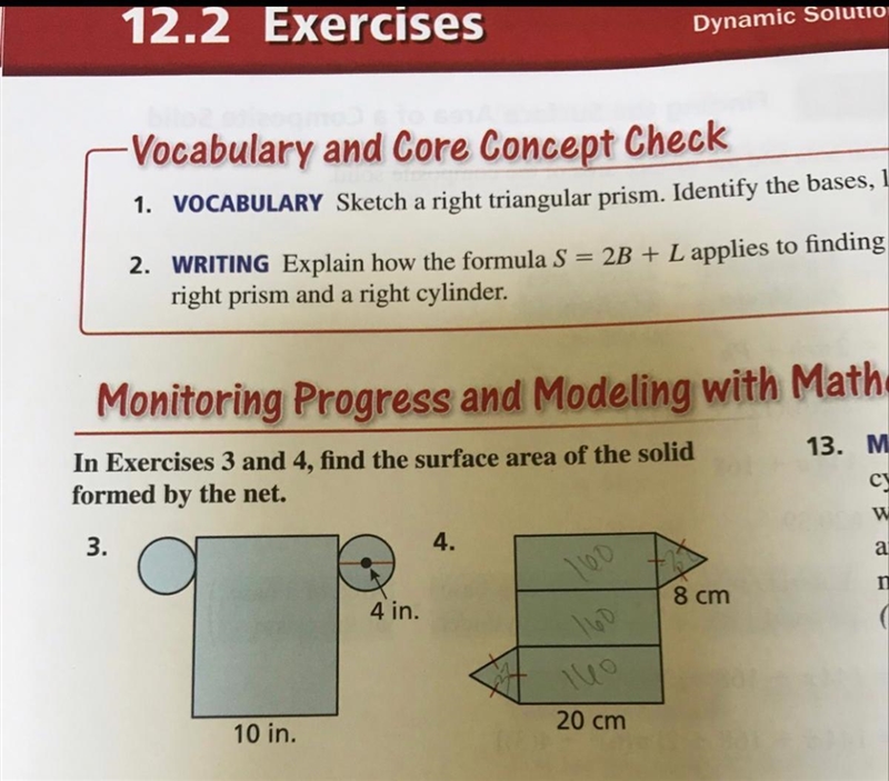 In Exercise 4, find the surface area of the solid formed by the net.-example-1